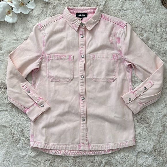SER.O.YA Mariel Denim Button-Front Shirt Jacket Pink Size M - Picture 2 of 15
